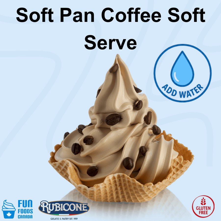 A soft pan coffee soft serve ice cream cone with chocolate chips in a waffle cone, on a light blue background with text reading 'Soft Pan Coffee Soft Serve' and an 'ADD WATER' icon. Fun Foods Canada and Rubicone logos and gluten-free certification are visible at the bottom. 