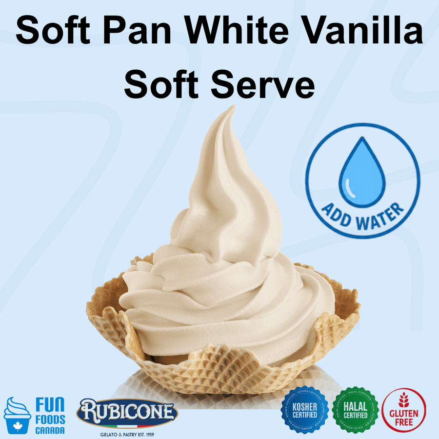 A promotional product graphic for a soft pan white vanilla soft serve ice cream in a waffle cone. Large text at the top reads 'Soft Pan White Vanilla Soft Serve,' with a blue 'ADD WATER' icon on the right and certification logos along the bottom including Fun Foods Canada, Rubicone, kosher certified, halal certified, and gluten free.