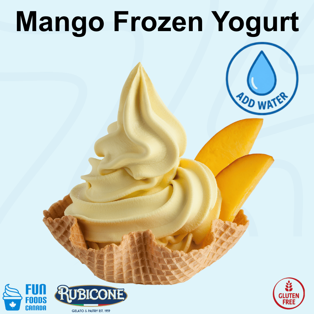 Rubicone Mango Frozen Yogurt Mix, a convenient add-water powder mix for preparing smooth and creamy frozen yogurt with a sweet, tropical mango flavour, ideal for soft serve and frozen yogurt machines. Gluten Free.
