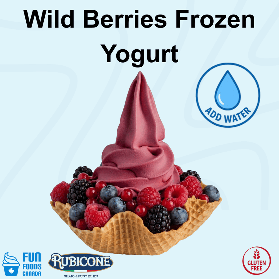 Rubicone Wild Berries Frozen Yogurt Mix, a convenient add-water powder mix for preparing smooth and creamy frozen yogurt with a rich, fruity wild berry flavour, ideal for soft serve and frozen yogurt machines. Gluten Free.
