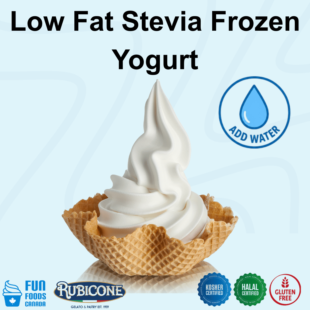 Rubicone Low Fat Stevia Frozen Yogurt Mix, a convenient add-water powder mix for preparing smooth and creamy low-fat frozen yogurt sweetened with stevia, ideal for soft serve and frozen yogurt machines. Kosher, Halal and Gluten Free.
