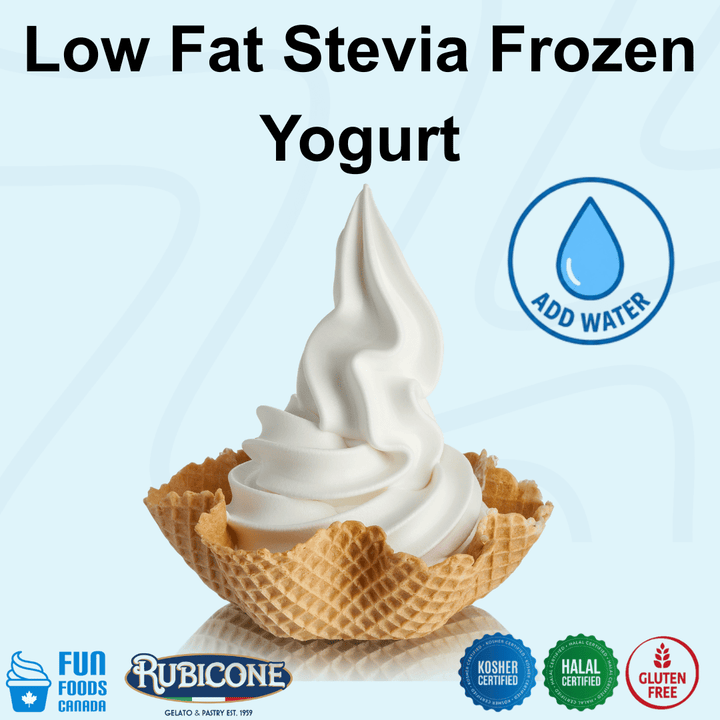 Rubicone Low Fat Stevia Frozen Yogurt Mix, a convenient add-water powder mix for preparing smooth and creamy low-fat frozen yogurt sweetened with stevia, ideal for soft serve and frozen yogurt machines. Kosher, Halal and Gluten Free.
