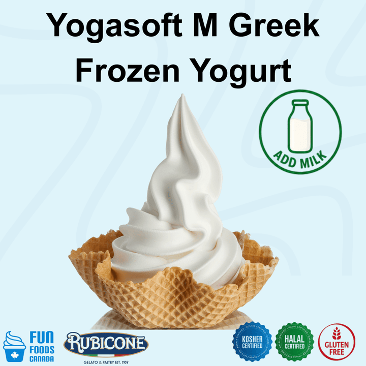 Rubicone Yogasoft M Greek Frozen Yogurt Mix, a professional powdered Greek-style frozen yogurt mix prepared by adding milk, designed to produce smooth and creamy frozen yogurt in soft serve and frozen yogurt machines. Kosher, Halal and Gluten Free.
