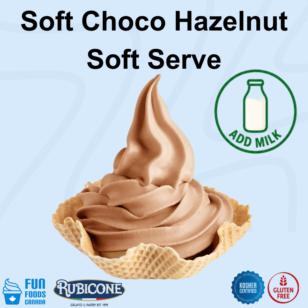 A swirl of chocolate hazelnut soft serve ice cream in a waffle cone, shown on a light blue background with the text 'Soft Choco Hazelnut Soft Serve' and Rubicone branding.