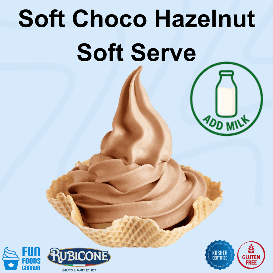 A swirl of chocolate hazelnut soft serve ice cream in a waffle cone, shown on a light blue background with the text 'Soft Choco Hazelnut Soft Serve' and Rubicone branding.