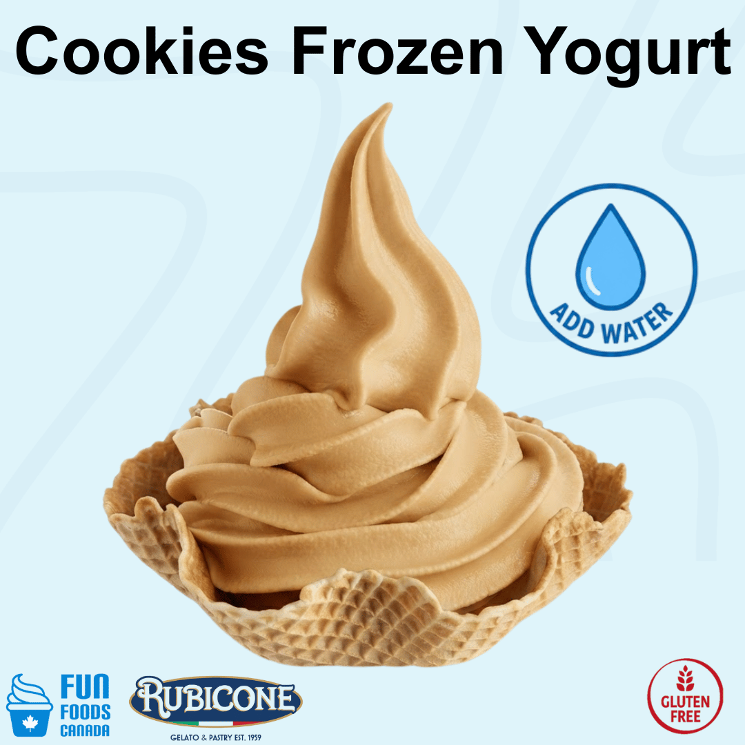 Rubicone Cookies Frozen Yogurt Mix, a convenient add-water powder mix for preparing smooth and creamy cookie-flavoured frozen yogurt, ideal for soft serve and frozen yogurt machines. Gluten Free.
