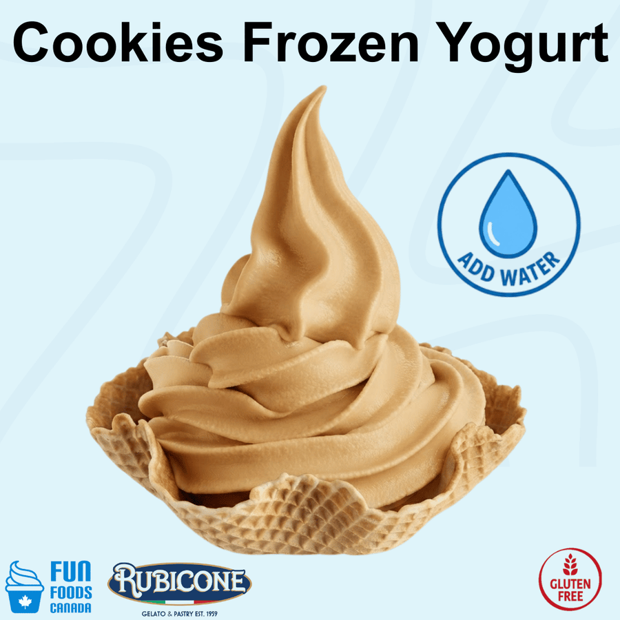 Rubicone Cookies Frozen Yogurt Mix, a convenient add-water powder mix for preparing smooth and creamy cookie-flavoured frozen yogurt, ideal for soft serve and frozen yogurt machines. Gluten Free.
