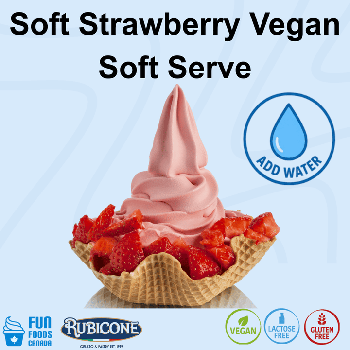 A promotional product image for a soft strawberry vegan soft serve dessert in a waffle cone. The pink swirl is topped with fresh strawberries, set against a light blue background with text reading 'Soft Strawberry Vegan Soft Serve' and icons indicating 'ADD WATER', 'VEGAN', 'LACTOSE FREE', and 'GLUTEN FREE'.