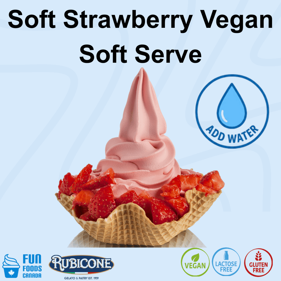 A promotional product image for a soft strawberry vegan soft serve dessert in a waffle cone. The pink swirl is topped with fresh strawberries, set against a light blue background with text reading 'Soft Strawberry Vegan Soft Serve' and icons indicating 'ADD WATER', 'VEGAN', 'LACTOSE FREE', and 'GLUTEN FREE'.