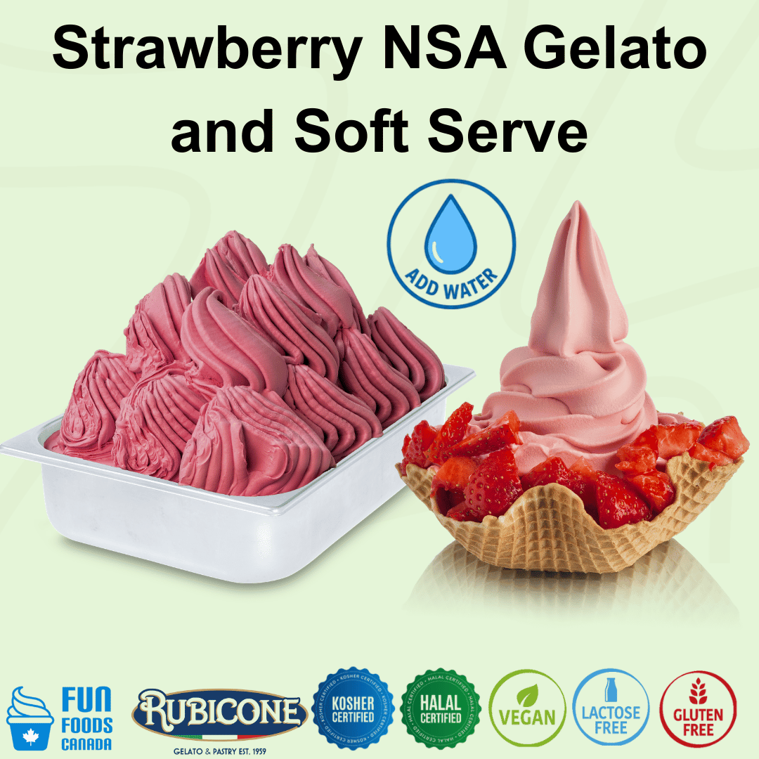 Rubicone Strawberry NSA – no-sugar-added strawberry mix for commercial gelato and soft serve in Canada. Vegan, kosher, halal, lactose-free and gluten-free.
