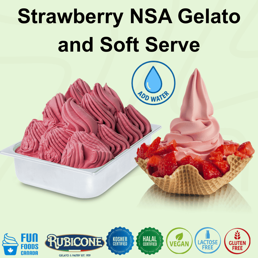 Rubicone Strawberry NSA – no-sugar-added strawberry mix for commercial gelato and soft serve in Canada. Vegan, kosher, halal, lactose-free and gluten-free.
