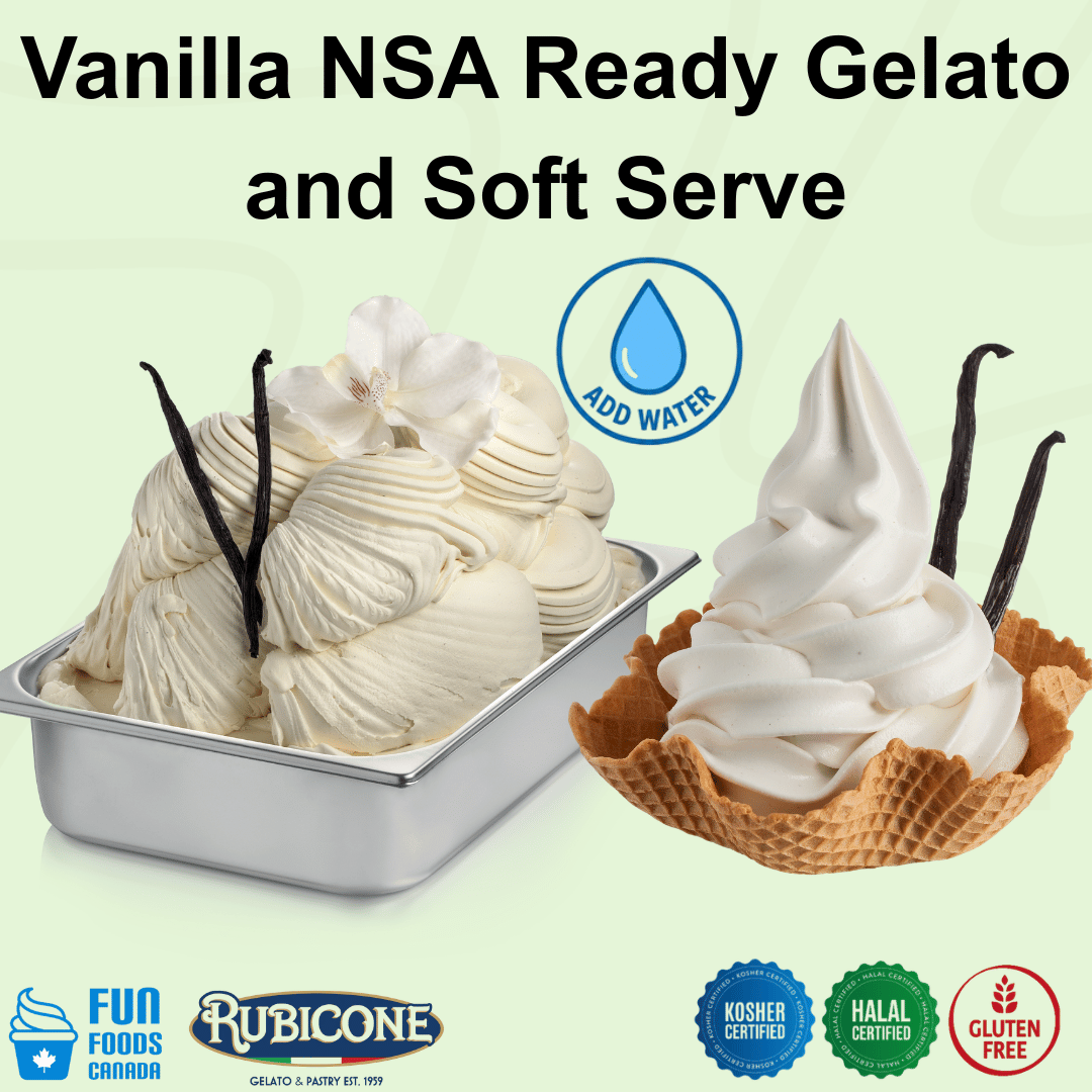 Rubicone Vanilla NSA – no-sugar-added vanilla mix with water for commercial gelato and soft serve in Canada. Kosher, halal and gluten-free.
