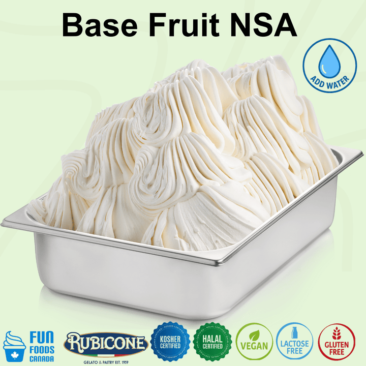 Rubicone Base Fruit NSA – no-sugar-added fruit gelato base for commercial gelato production in Canada. Add-water formula. Kosher, halal, vegan, lactose-free, and gluten-free.