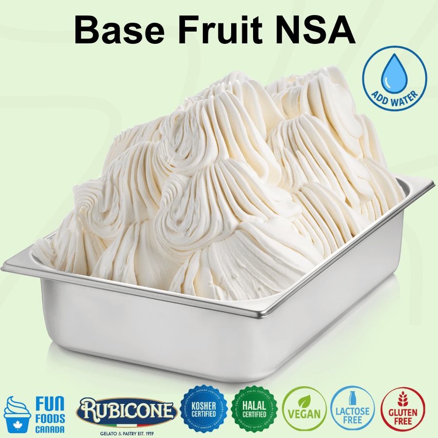 Rubicone Base Fruit NSA – no-sugar-added fruit gelato base for commercial gelato production in Canada. Add-water formula. Kosher, halal, vegan, lactose-free, and gluten-free.