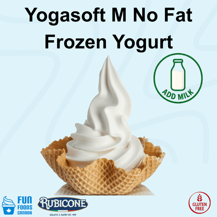 Rubicone Yogasoft M No Fat Frozen Yogurt Mix, a professional powdered fat-free frozen yogurt mix prepared by adding milk, designed to produce smooth and creamy frozen yogurt in soft serve and frozen yogurt machines. Gluten Free.
