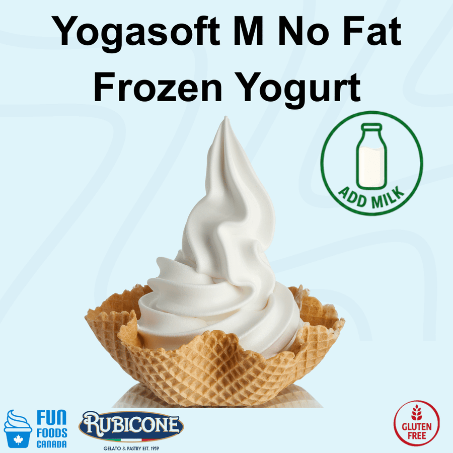 Rubicone Yogasoft M No Fat Frozen Yogurt Mix, a professional powdered fat-free frozen yogurt mix prepared by adding milk, designed to produce smooth and creamy frozen yogurt in soft serve and frozen yogurt machines. Gluten Free.
