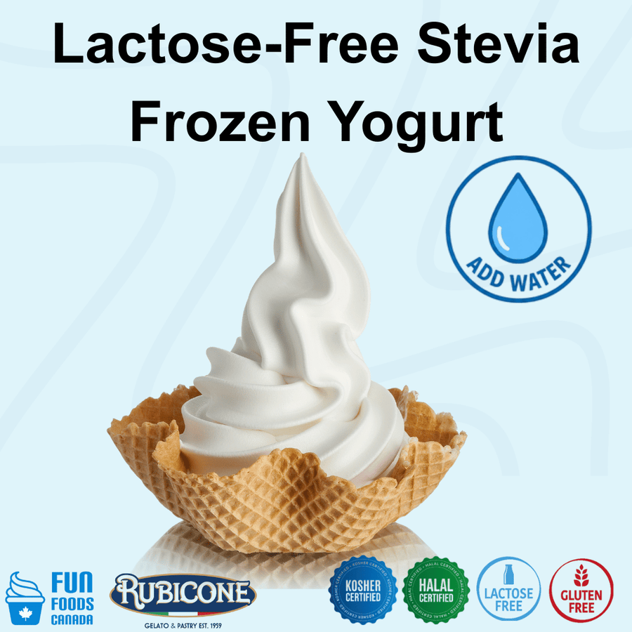 Rubicone Lactose-Free Stevia Frozen Yogurt Mix, a convenient add-water powder mix for preparing smooth and creamy frozen yogurt sweetened with stevia, ideal for soft serve and frozen yogurt machines. Lactose Free, Kosher, Halal and Gluten Free.
