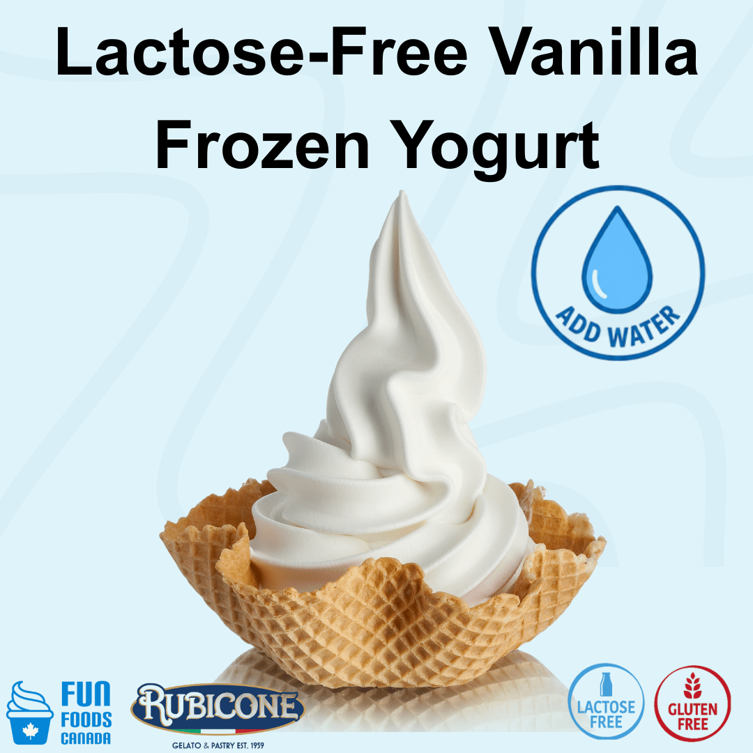 Rubicone Lactose-Free Vanilla Frozen Yogurt Mix, a convenient add-water powder mix for preparing smooth and creamy vanilla frozen yogurt, ideal for soft serve and frozen yogurt machines. Lactose Free and Gluten Free.
