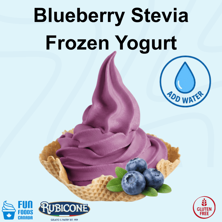 Rubicone Blueberry Stevia Frozen Yogurt Mix, a convenient add-water powder mix for preparing smooth and creamy blueberry frozen yogurt sweetened with stevia, ideal for soft serve and frozen yogurt machines. Gluten Free.
