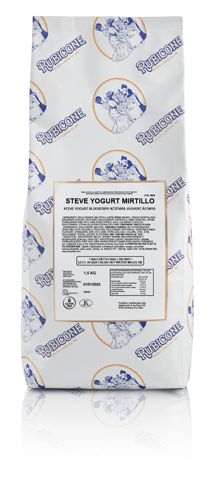 1.5 KG bag of Rubicone Blueberry Frozen Yogurt mix, sweetened with Fructose and Stevia on a white background