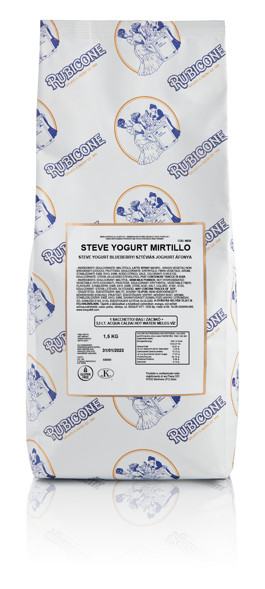 1.5 KG bag of Rubicone Blueberry Frozen Yogurt mix, sweetened with Fructose and Stevia on a white background