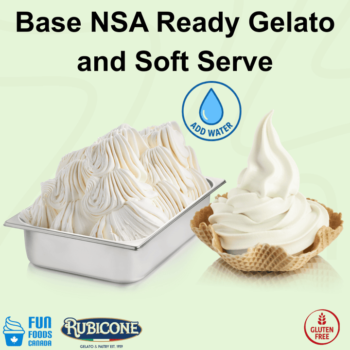 Rubicone Base NSA Ready – no-sugar-added add-water base mix for commercial gelato and soft serve preparation in Canada. Gluten-free.
