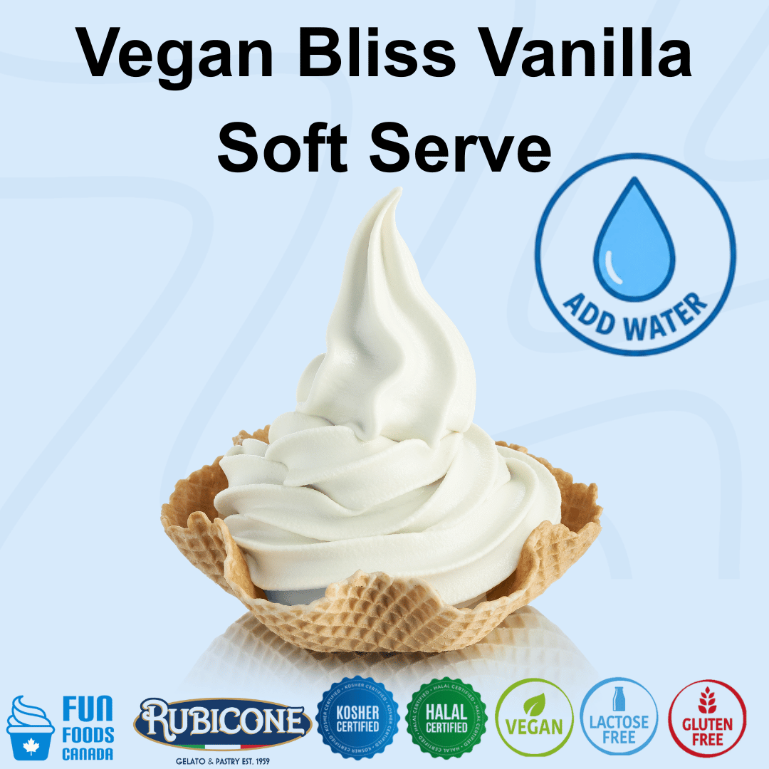 Vegan Bliss Vanilla Soft Serve in a waffle cone, with text reading 'Vegan Bliss Vanilla Soft Serve' and a blue 'ADD WATER' icon on a light blue background. Certification logos for Fun Foods Canada, Rubicone, Kosher Certified, Halal Certified, Vegan, Lactose Free, and Gluten Free appear along the bottom.