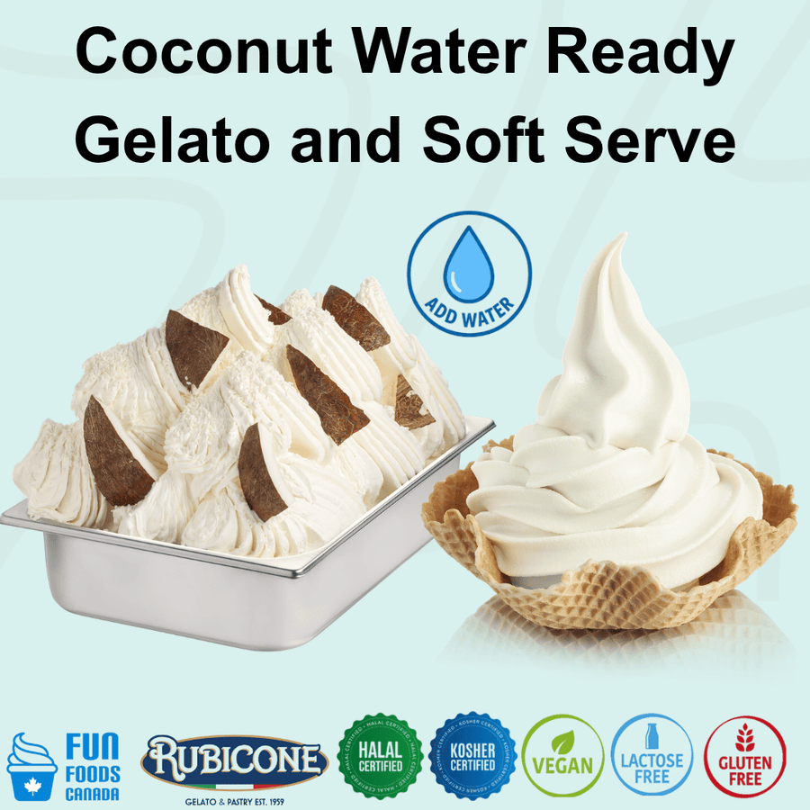 Rubicone Coconut Water Ready Gelato and Soft Serve mix – creamy coconut-flavoured add-water mix for commercial gelato and soft serve machines in Canada. Halal certified, Kosher certified, vegan, lactose-free and gluten-free.