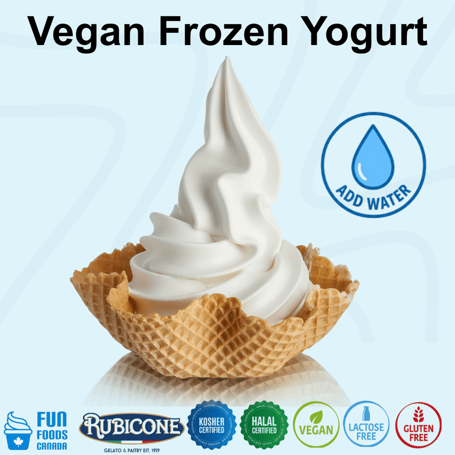 Rubicone Vegan Frozen Yogurt Mix, a convenient add-water powder mix for preparing smooth and creamy dairy-free frozen yogurt, ideal for soft serve and frozen yogurt machines. Vegan, Lactose Free, Kosher, Halal and Gluten Free.
