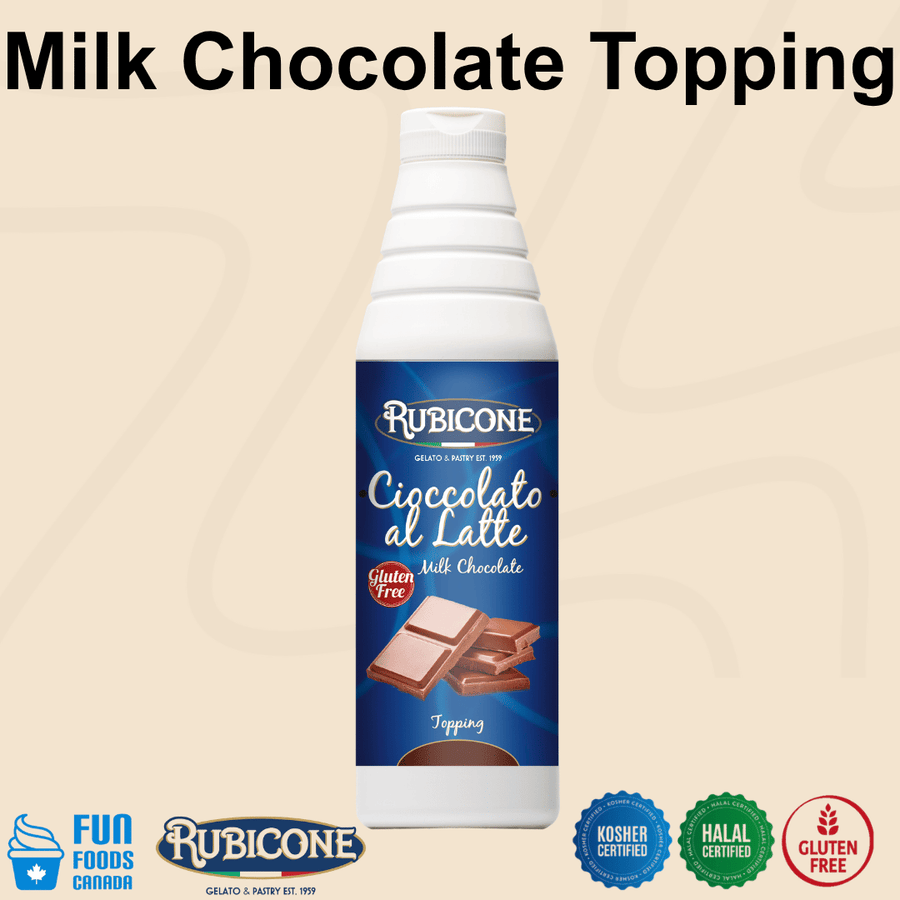 Rubicone Milk Chocolate Topping (Cioccolato al Latte), a rich and creamy milk chocolate-flavoured dessert sauce for topping and decorating gelato, ice cream, frozen yogurt, pastries and desserts. Kosher, Halal and Gluten-Free.
