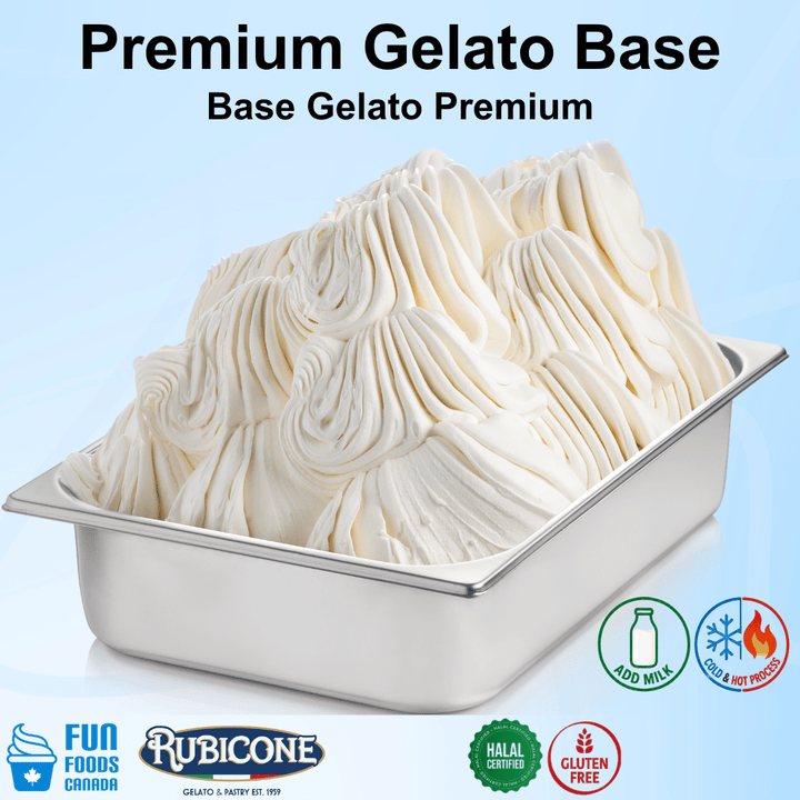 Container of premium gelato base with Rubicone branding on a light blue background