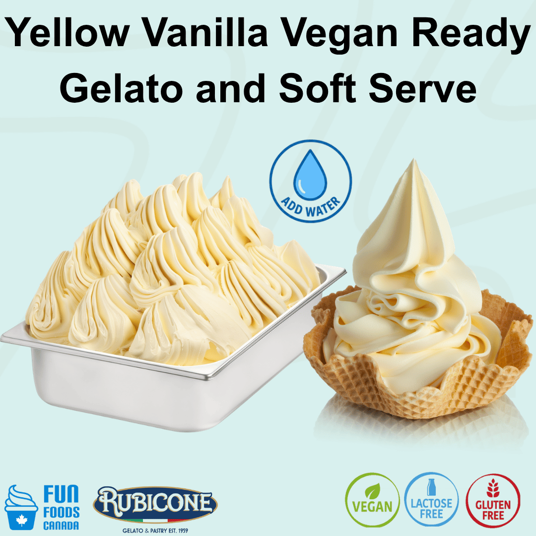Rubicone Yellow Vanilla Vegan Ready Gelato mix – yellow vanilla-flavoured add-water mix for commercial gelato and soft serve in Canada. Vegan, lactose-free, and gluten-free.
