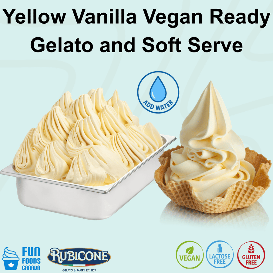 Rubicone Yellow Vanilla Vegan Ready Gelato mix – yellow vanilla-flavoured add-water mix for commercial gelato and soft serve in Canada. Vegan, lactose-free, and gluten-free.
