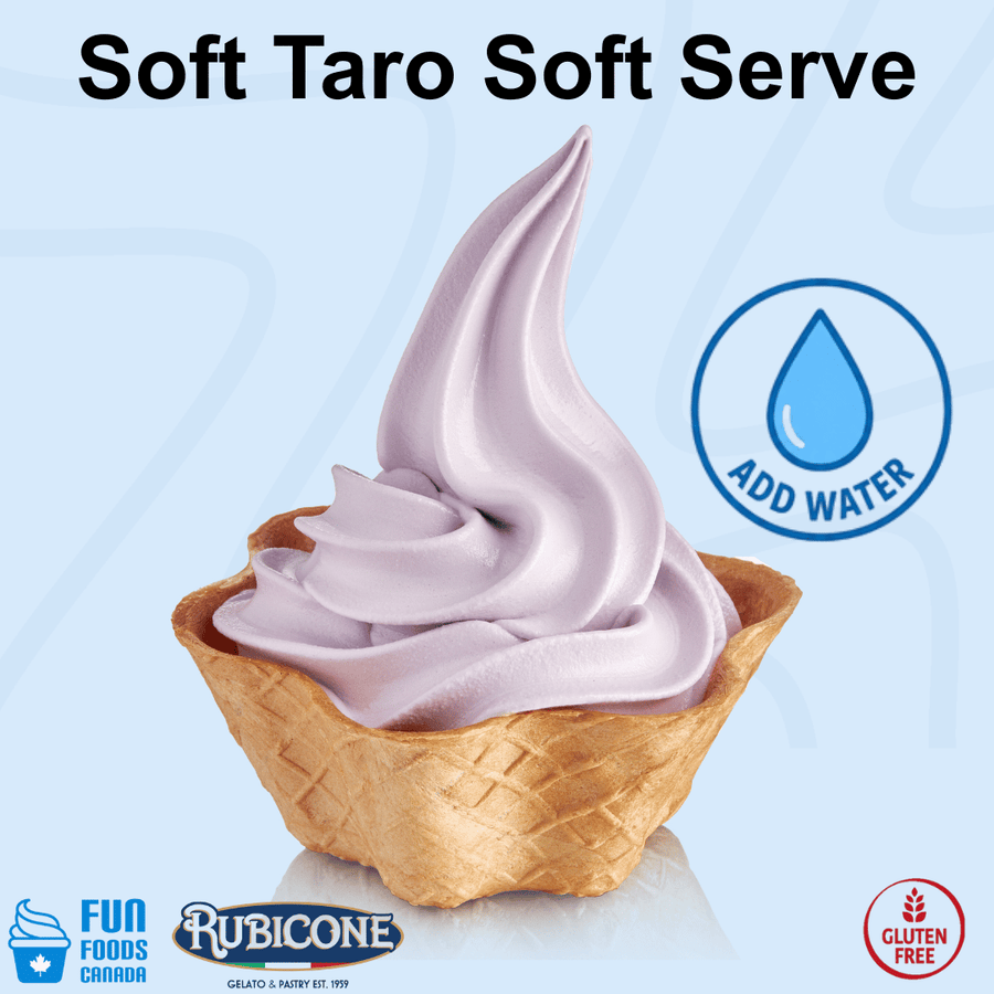 A swirl of pale lavender soft serve ice cream in a waffle cone bowl on a light blue background, with the text 'Soft Taro Soft Serve' at the top, a blue 'ADD WATER' droplet icon, and Rubicone / Fun Foods Canada branding at the bottom.