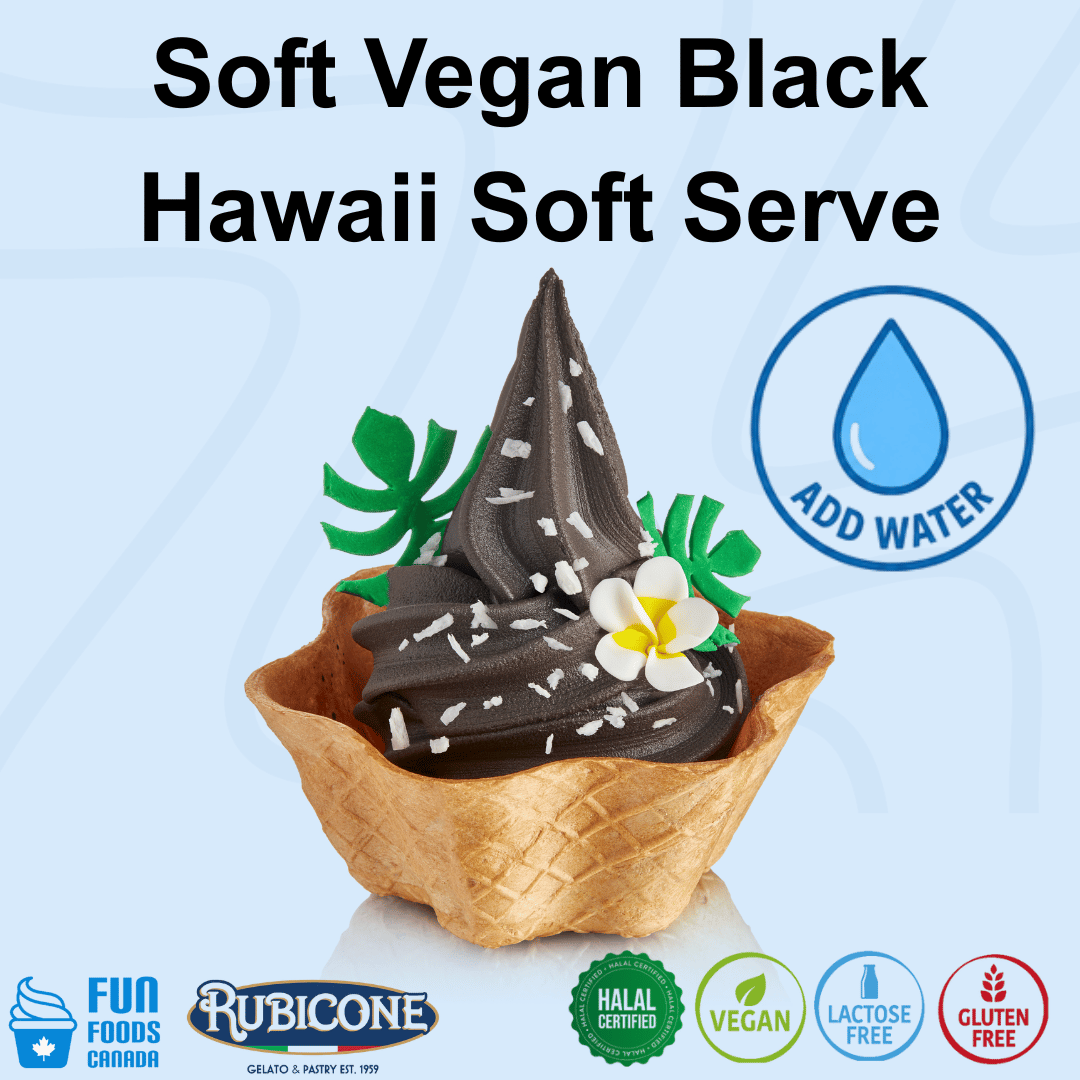 Vegan black soft serve ice cream in a waffle cone bowl, topped with coconut flakes, a white flower, and green leaves, with text reading 'Soft Vegan Black Hawaii Soft Serve' and icons for 'Add Water', 'Fun Foods Canada', 'Rubicone', and certification badges.