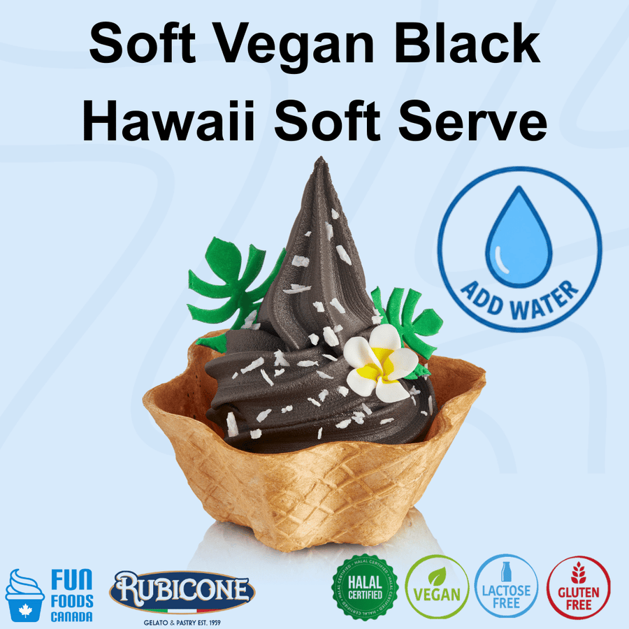 Vegan black soft serve ice cream in a waffle cone bowl, topped with coconut flakes, a white flower, and green leaves, with text reading 'Soft Vegan Black Hawaii Soft Serve' and icons for 'Add Water', 'Fun Foods Canada', 'Rubicone', and certification badges.