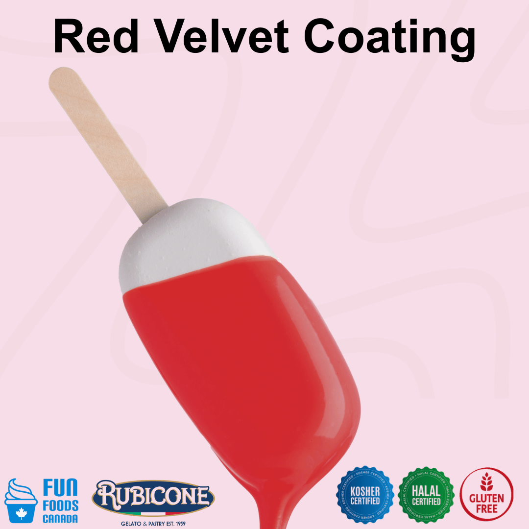 Rubicone Red Velvet Coating for gelato sticks and frozen desserts, featuring an intense red finish; gluten-free, Halal and Kosher certified. 

