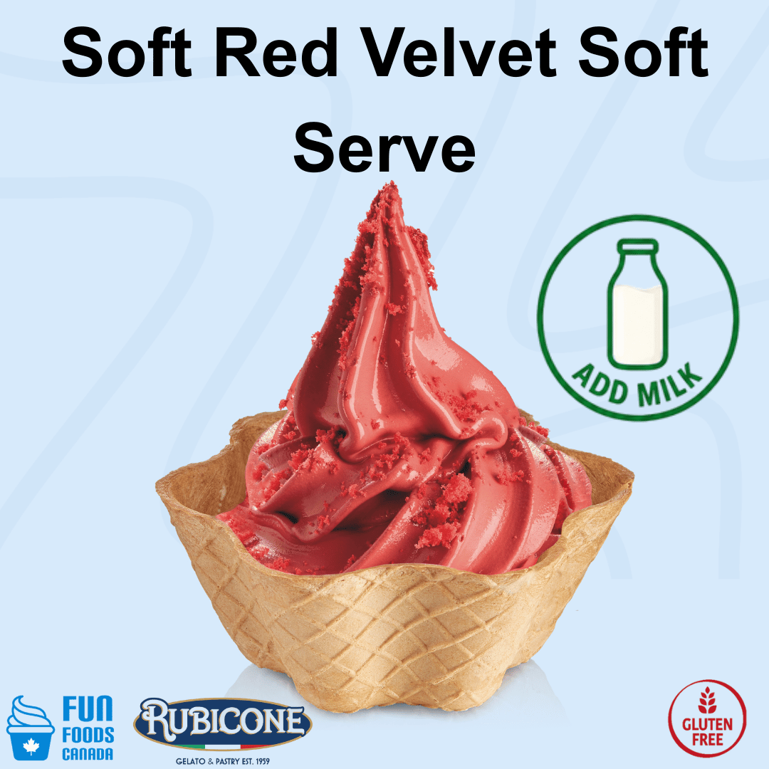 A swirl of red velvet soft serve ice cream in a waffle cone, with large text reading 'Soft Red Velvet Soft Serve' on a light blue background. A green circle icon says 'ADD MILK,' and logos for Fun Foods Canada, Rubicone, and Gluten Free are shown at the bottom.