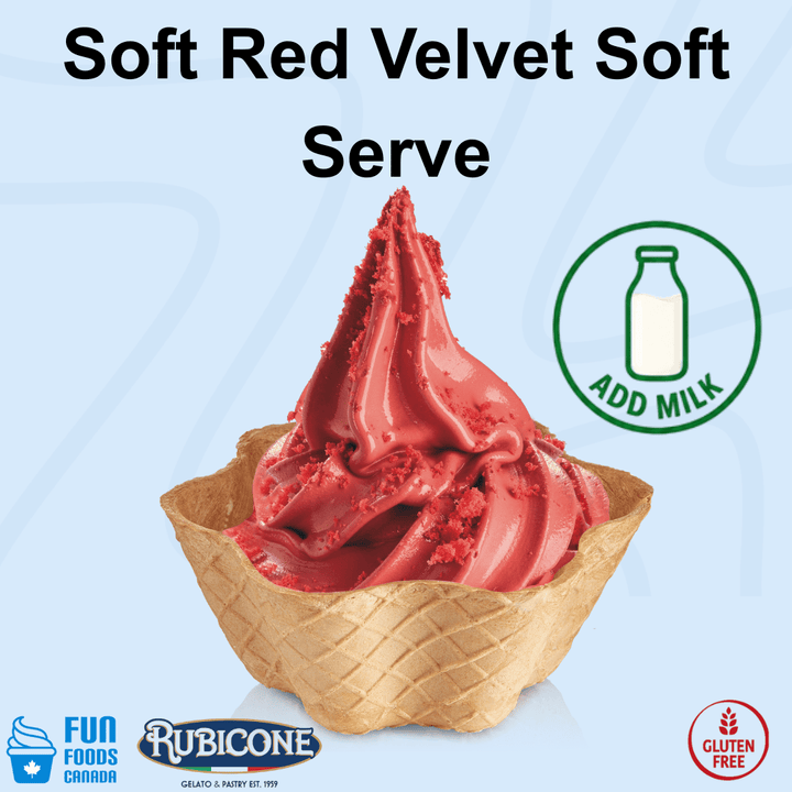 A swirl of red velvet soft serve ice cream in a waffle cone, with large text reading 'Soft Red Velvet Soft Serve' on a light blue background. A green circle icon says 'ADD MILK,' and logos for Fun Foods Canada, Rubicone, and Gluten Free are shown at the bottom.