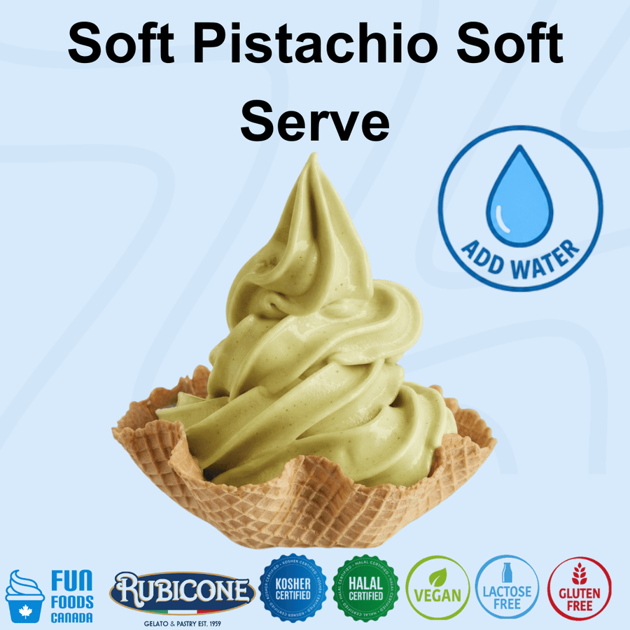 A swirl of light pistachio soft serve ice cream in a waffle cone, with text reading 'Soft Pistachio Soft Serve' and a blue 'ADD WATER' icon on a pale blue background. Certification logos along the bottom include Fun Foods Canada, Rubicone, Kosher Certified, Halal Certified, Vegan, Lactose Free, and Gluten Free.