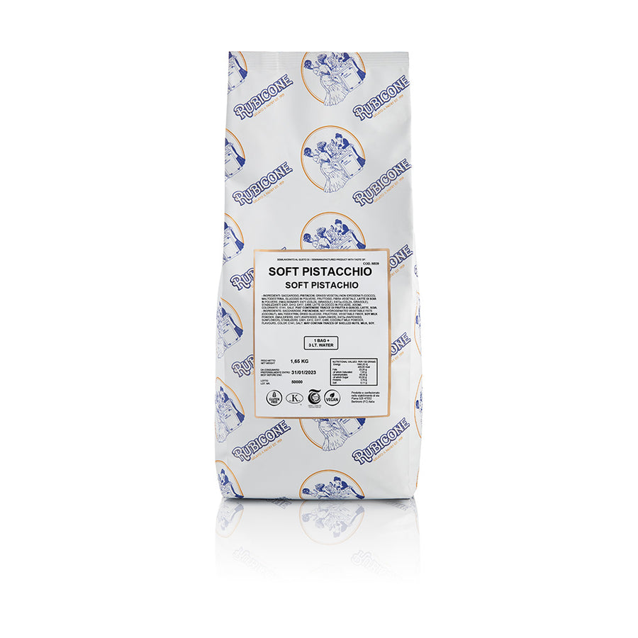 1.65 KG packaging with Rubicone brand logo of "Soft Pistachio" - Vegan Pistachio Soft Serve Ready Base Mix - on a white background