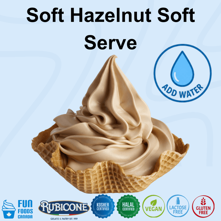 A swirl of light tan soft serve ice cream in a waffle cone, with large text reading 'Soft Hazelnut Soft Serve' and a blue 'ADD WATER' icon on a pale blue background. Certification logos along the bottom include Fun Foods Canada, Rubicone, Kosher Certified, Halal Certified, Vegan, Lactose Free, and Gluten Free.
