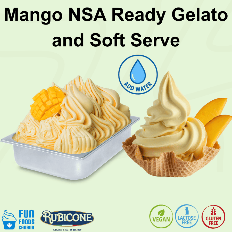 Rubicone Mango NSA Ready – no-sugar-added mango add-water mix for commercial gelato and soft serve in Canada. Vegan, lactose-free and gluten-free.
