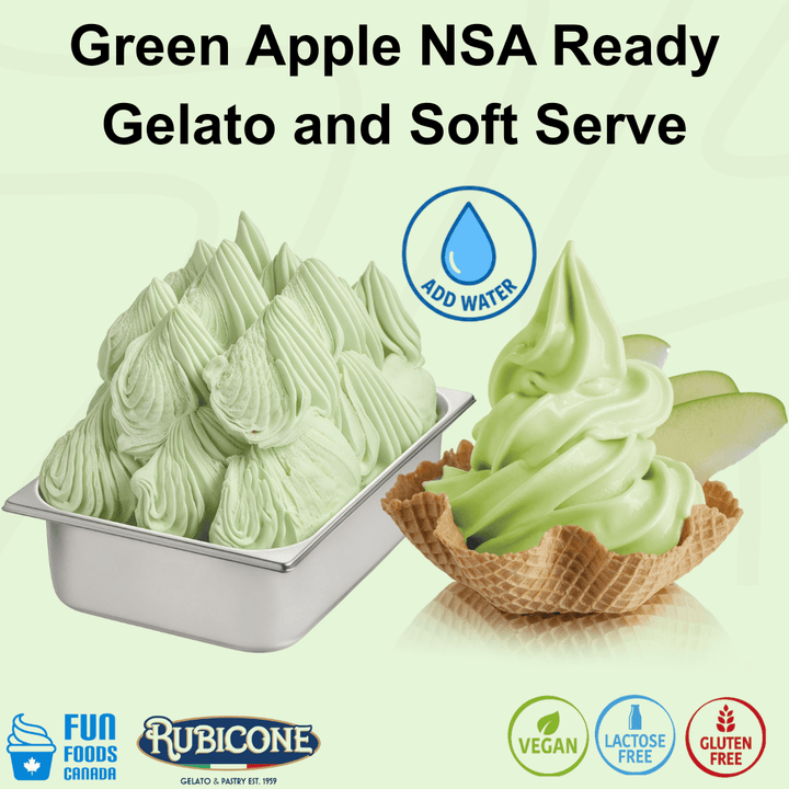 Rubicone Green Apple NSA Ready – no-sugar-added green apple add-water mix for commercial gelato and soft serve in Canada. Vegan, lactose-free and gluten-free.
