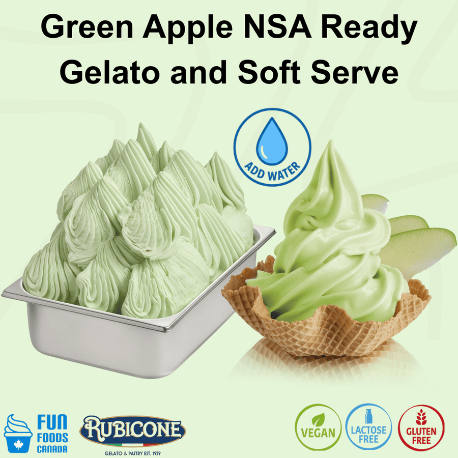 Rubicone Green Apple NSA Ready – no-sugar-added green apple add-water mix for commercial gelato and soft serve in Canada. Vegan, lactose-free and gluten-free.
