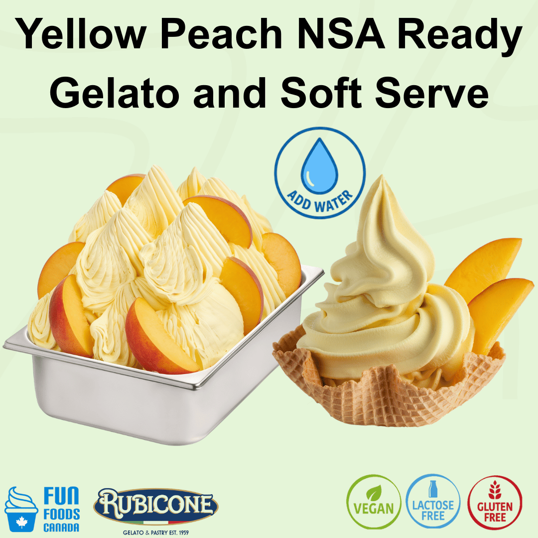 Rubicone Yellow Peach NSA – no-sugar-added yellow peach mix with water for commercial gelato and soft serve in Canada. Vegan, lactose-free and gluten-free.

