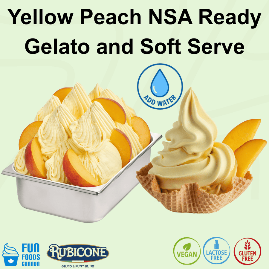 Rubicone Yellow Peach NSA – no-sugar-added yellow peach mix with water for commercial gelato and soft serve in Canada. Vegan, lactose-free and gluten-free.
