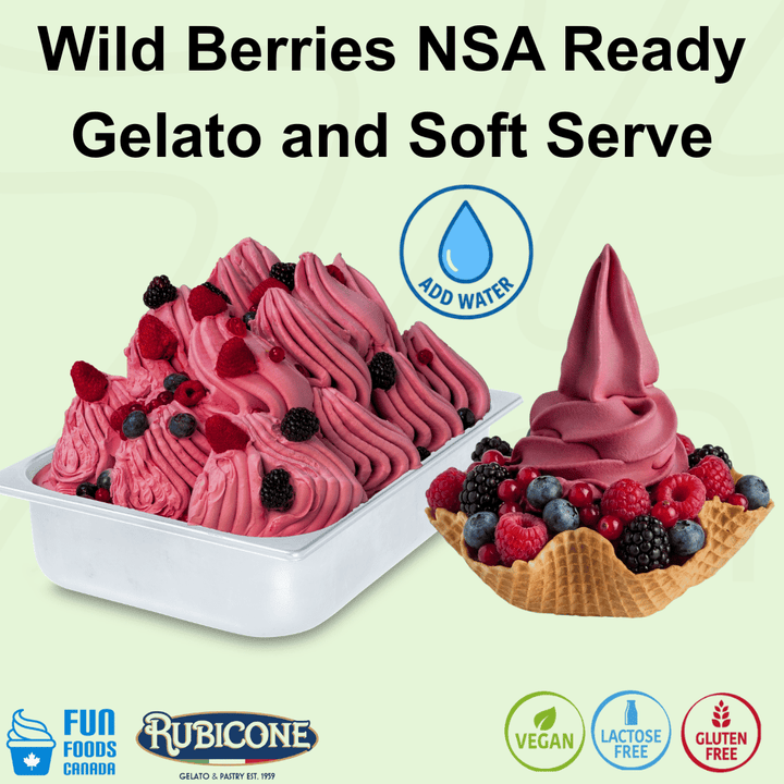 Rubicone Wild Berries NSA – no-sugar-added wild berry mix with water for commercial gelato and soft serve in Canada. Vegan, lactose-free and gluten-free.
