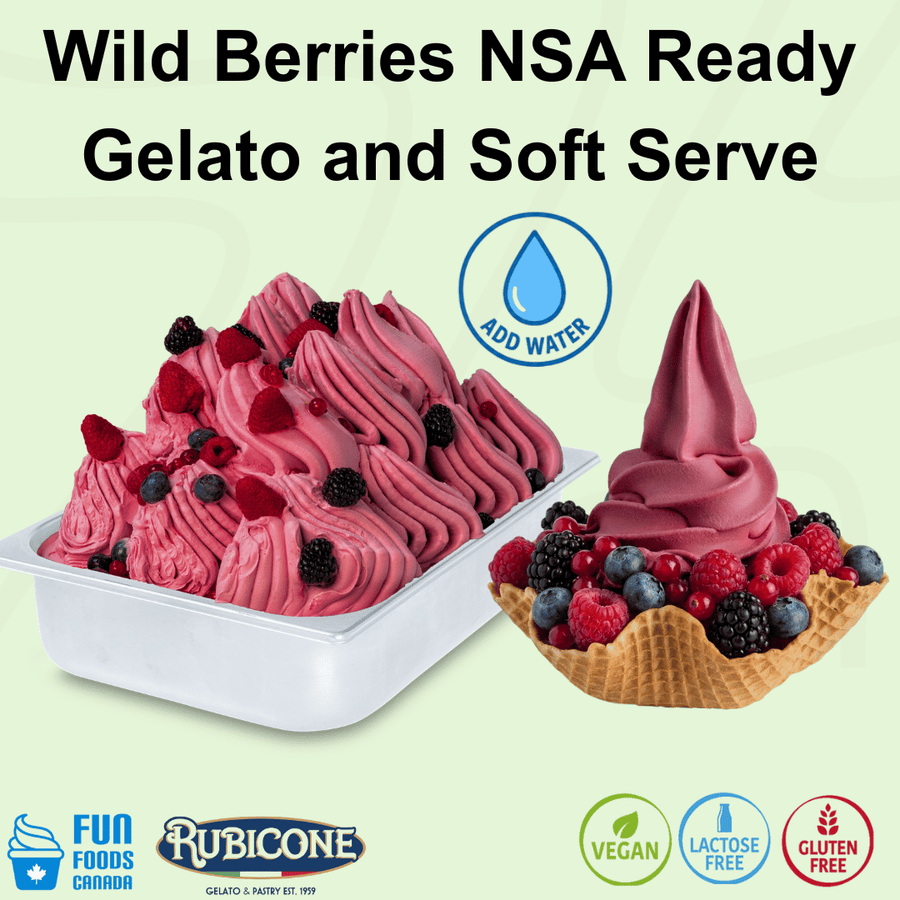 Rubicone Wild Berries NSA – no-sugar-added wild berry mix with water for commercial gelato and soft serve in Canada. Vegan, lactose-free and gluten-free.
