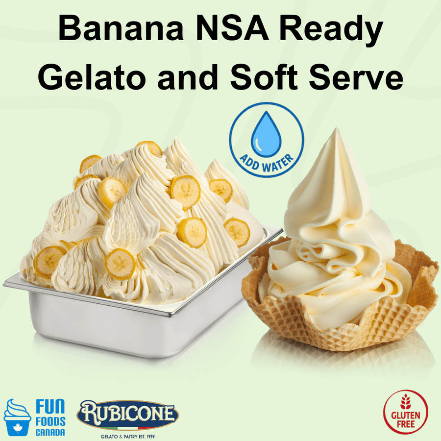 Rubicone Banana NSA Ready – banana-flavoured no-sugar-added add-water mix for commercial gelato and soft serve in Canada. Gluten-free.
